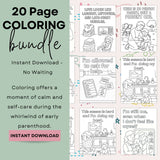 20-page affirmation coloring bundle for new parents, promoting self-care and calm during early parenthood.