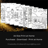 A4 size printable coloring pages featuring relaxing everyday life scenes for mindfulness and stress relief.