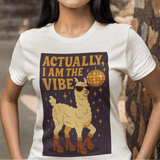 Woman wearing a t-shirt with a graphic design and text, standing outdoors.