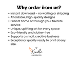 List of reasons to order from Kindle and Crayon: instant downloads, affordable prints, unique art, eco-friendly.