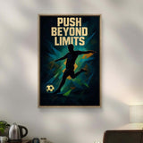 Framed poster with 'Push Beyond Limits' text and a silhouette of a person kicking a soccer ball in a room with a desk and lamp.