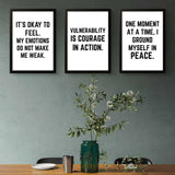 Motivational wall decor featuring three prints with empowering quotes about emotions and peace.