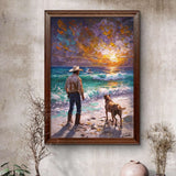 Framed painting of a man and dog at sunset on a beach, displayed on a wall with decorative vases below.