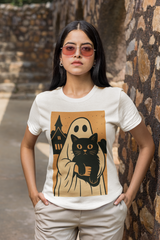 Halloween Cat Ghost Tee, Spooky Unisex Graphic T-Shirt, Feline Spooky Shirt, Cat Lover Gift