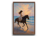 Boho Cowgirl Wall Art featuring a woman on a horse by the beach at sunset, perfect for coastal decor.