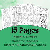 15 printable mental health coloring sheets for self-care, featuring positive affirmations and soothing designs.