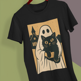 Halloween Cat Ghost Tee, Spooky Unisex Graphic T-Shirt, Feline Spooky Shirt, Cat Lover Gift