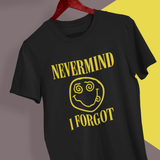 Black t-shirt with yellow text and smiley face graphic on a hanger against a gray and yellow background