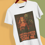 White t-shirt with graphic design and text on a multicolored background