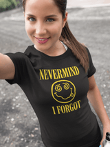 Unisex heavy cotton tee with 'NEVERMIND I FORGOT' text and quirky smiley graphic, perfect for casual wear.