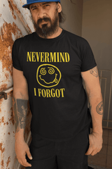 Man wearing black ADHD graphic tee with 'NEVERMIND I FORGOT' and smiley design, unisex heavy cotton casual wear.