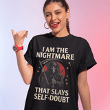 Woman wearing a black t-shirt with a Grim Reaper graphic and text, pointing to the camera on a gradient background.