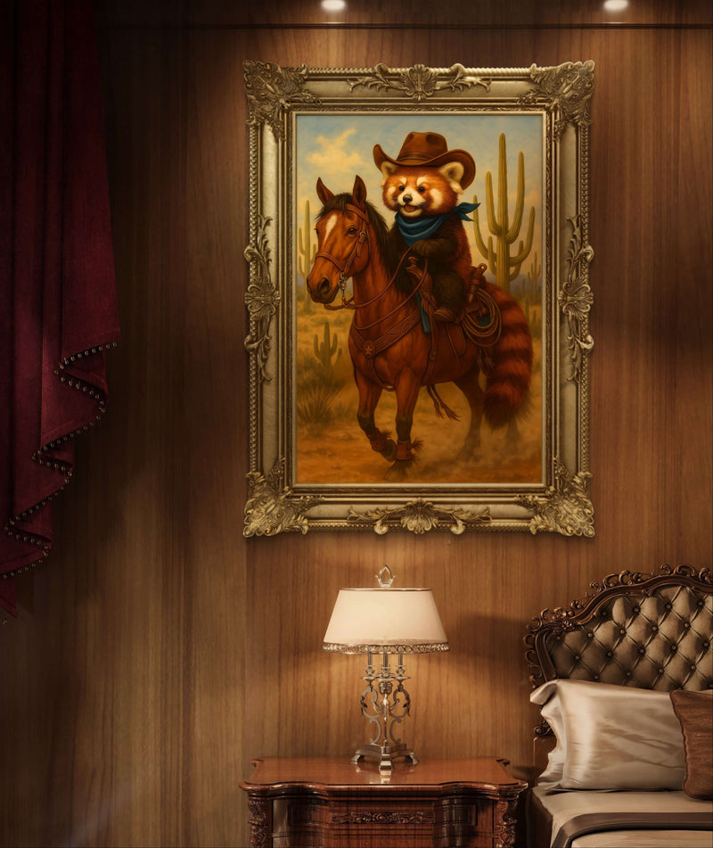 Cowboy Red Panda Digital Art Print,  Western Animal Wall Decor, Cute Rustic Country Style