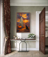 Printable Halloween Wall Art Ghost with Pumpkin and Black Cat at Sunset
