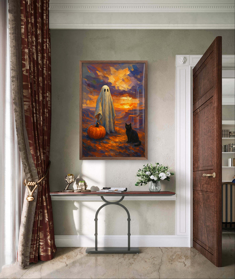 Printable Halloween Wall Art Ghost with Pumpkin and Black Cat at Sunset