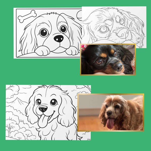 Custom coloring pages featuring adorable dog illustrations and their photographs for personalized art.