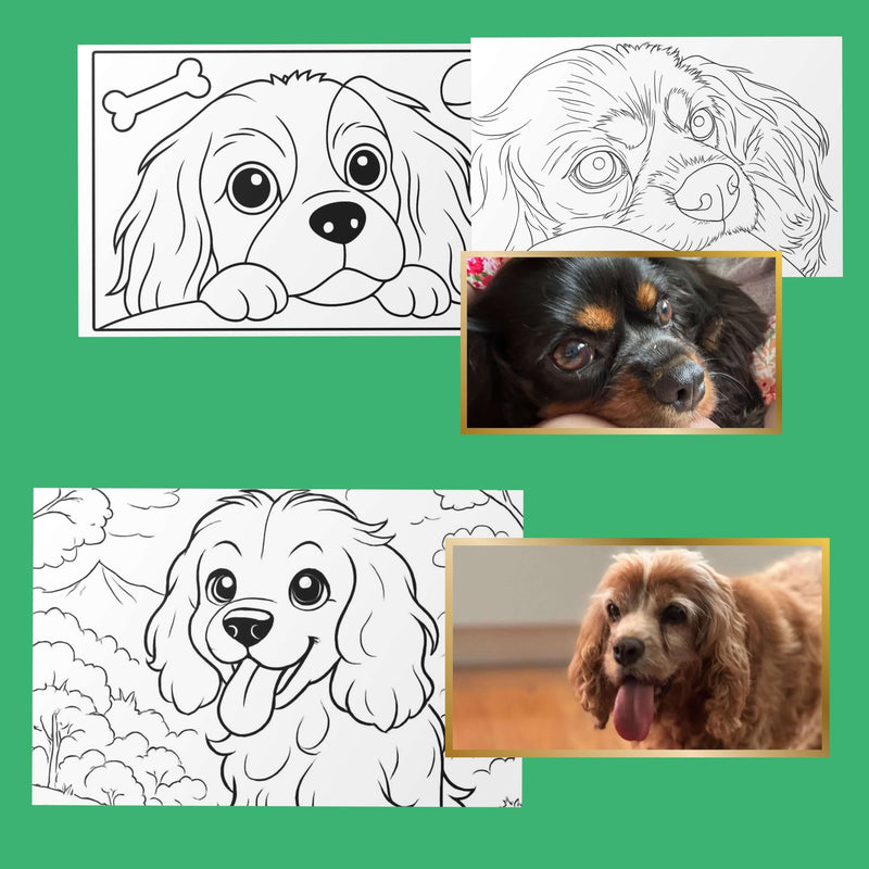 Custom coloring pages featuring adorable dog illustrations and their photographs for personalized art.