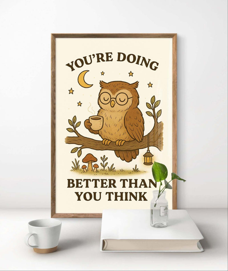 Owl Inspirational Wall Art – “You’re Doing Better Than You Think” Woodland Animal Printable