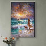 Framed painting of a woman and dog by the sea on a wall above a wooden console table.