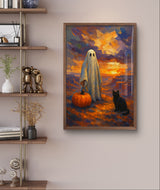 Printable Halloween Wall Art Ghost with Pumpkin and Black Cat at Sunset