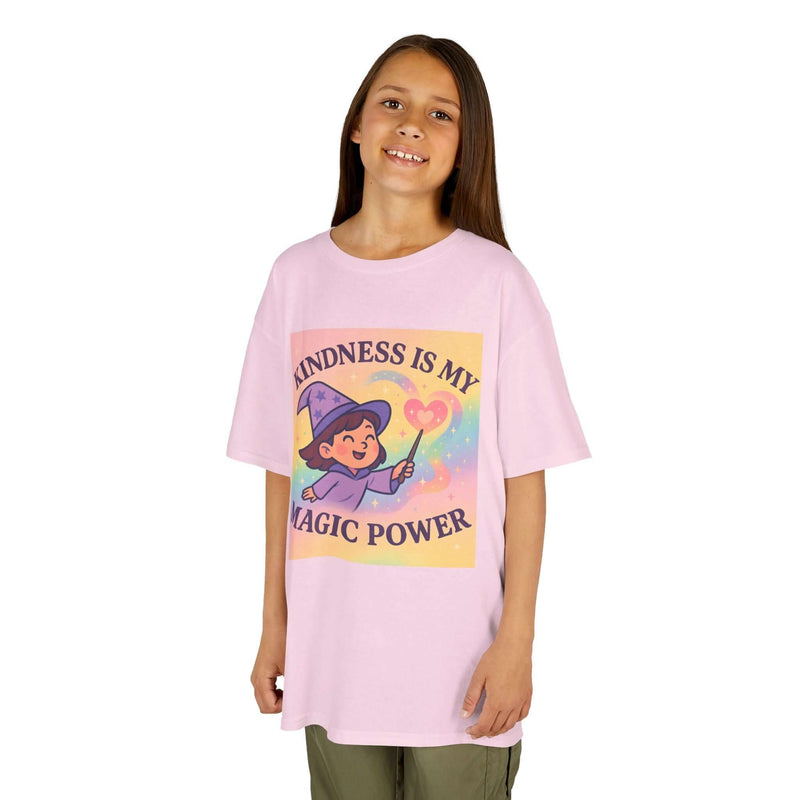 Girl wearing pink 'Kindness is My Magic Power' tee, promoting positivity and joy for kids.