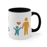Mug with colorful icons of a man, woman, and child with a heart on a white background