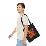 Man carrying a stylish eco-friendly tote bag with the phrase 'Sip Happens, So Does Growth'.