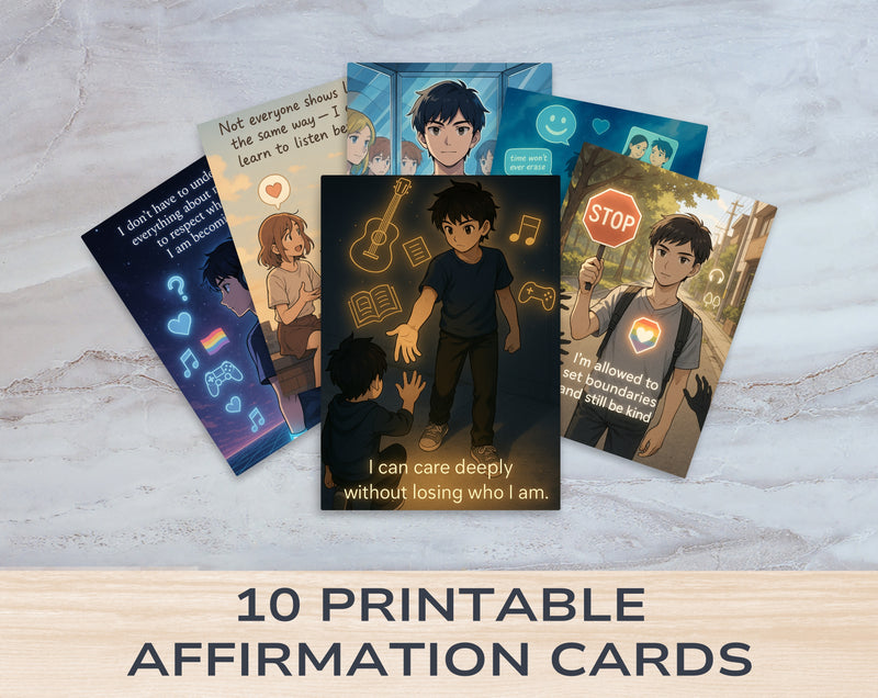 Anime Affirmation Cards for Teen Boys – Relationships & Identity - Printable Mental Health & Self-Esteem Support
