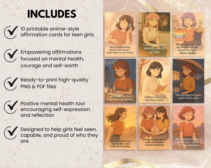 Anime Style Affirmation Cards for Teen Girls Mental Health Support | Set 3 of 6 | Printable A6 PDF PNG Files for Anxiety & Self Worth
