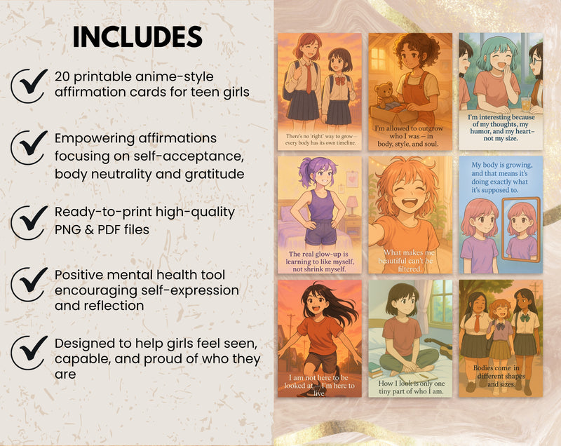 20 Positive Body Image Affirmations for Teen Girls | Printable Self-Esteem Cards | Body Confidence, Teen Mental Health | Set 4 of 6