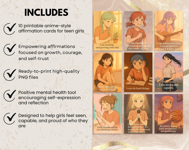 Digital Affirmation Cards for Teen Girls – A6 Printable & Mobile Friendly Positive Affirmations for Confidence, Motivation & Resilience