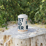Best Dad Ever Stubby Cooler on a tree stump, perfect for keeping drinks cold at parties or beach gatherings.