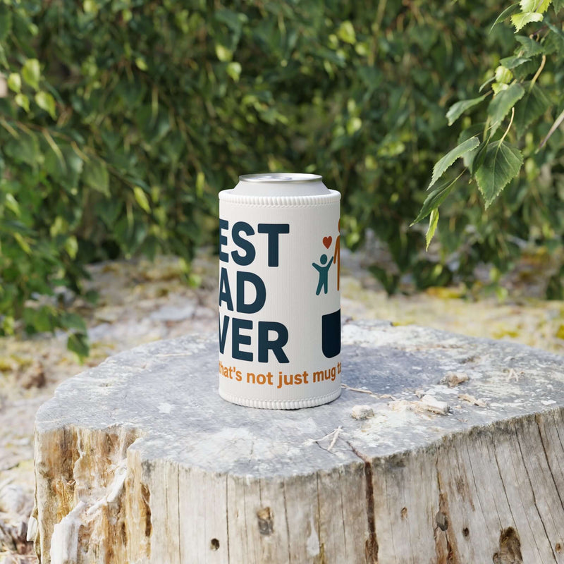 Best Dad Ever Stubby Cooler on a tree stump, perfect for keeping drinks cold at parties or beach gatherings.