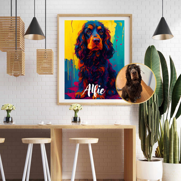 Custom colorful portrait of a dog named Alfie in abstract style with bright rainbow tones, perfect for pet lovers.
