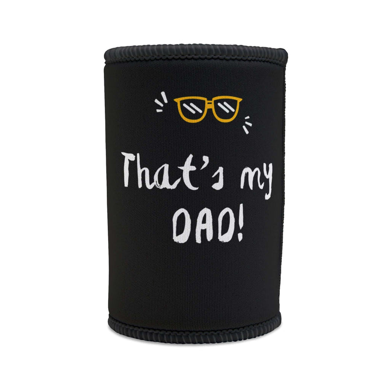 Personalized stubby cooler featuring 'That's my DAD!' design, perfect for gifts and outdoor events.
