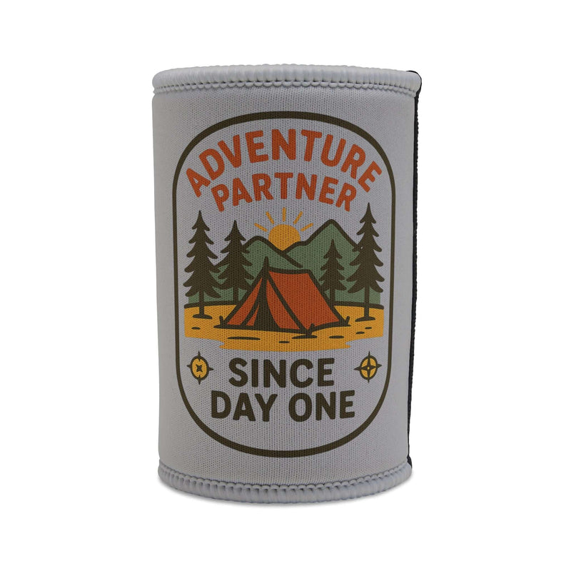 Adventure Partner Stubby Cooler with camping design for outdoor fun and gatherings, ideal Father's Day gift.