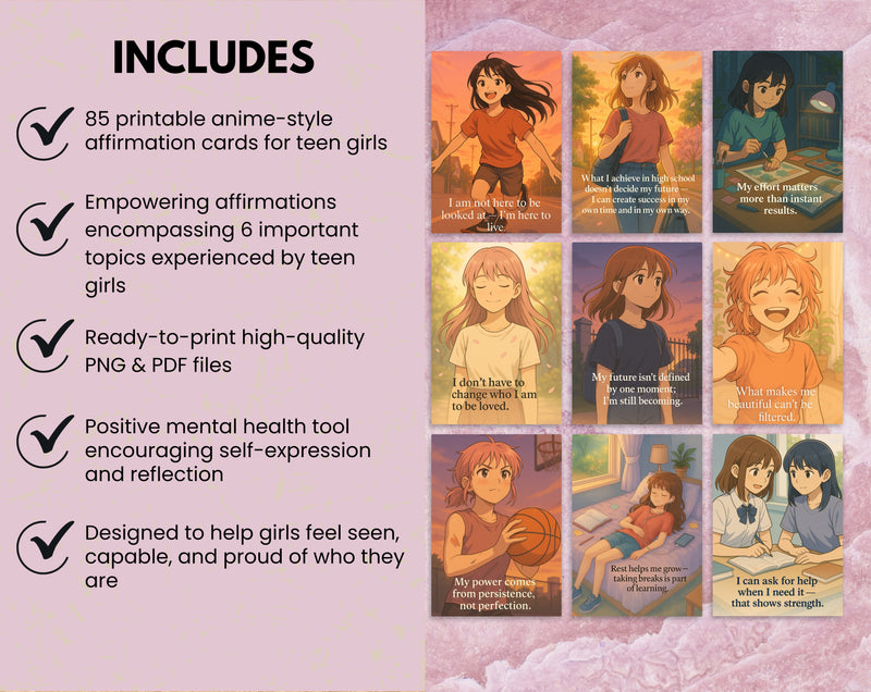 Empowering Teen Girl Affirmation Cards Set of 85 | 6 Topics for Confidence, Body Image, Mental Health & Resilience