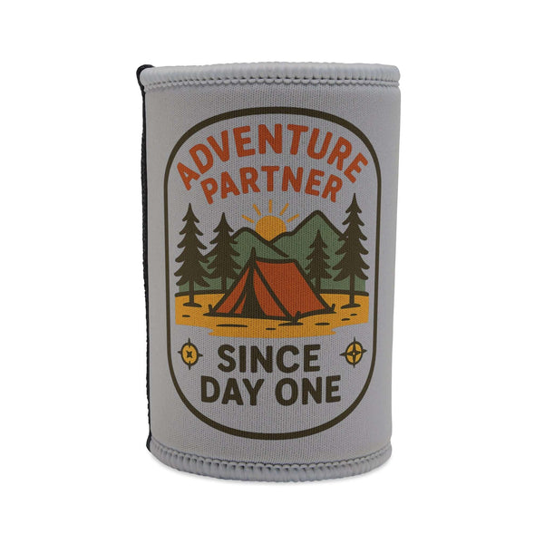 Adventure Partner Stubby Cooler with camping design, perfect for outdoor gatherings and Father's Day gifts.