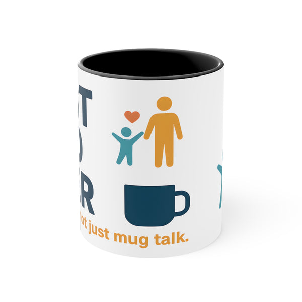 Mug with social icons and text on a white background