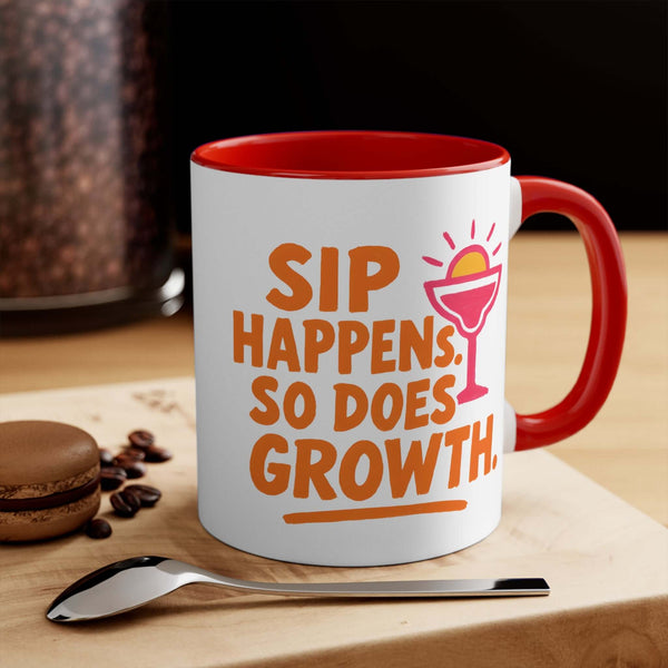 Colorful coffee mug with the phrase 'Sip Happens, So Does Growth' on a wooden table with coffee beans and a spoon.