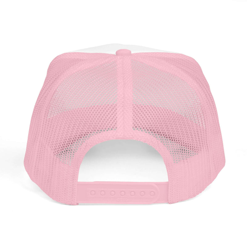 Back view of a pink Foam Trucker Hat showcasing a mesh design and adjustable snap closure.