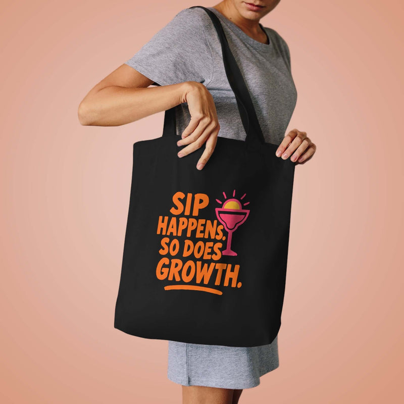 Sip Happens Growth Tote Bag featuring a fun design, eco-friendly, perfect for beach and grocery shopping.