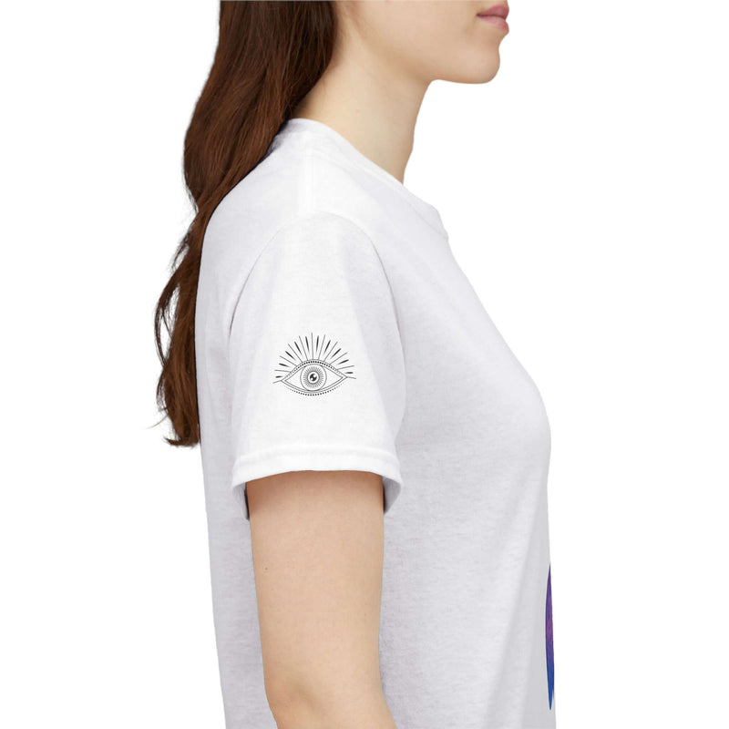 Side view of a woman wearing a white unisex t-shirt with owl design and eye graphic on sleeve.
