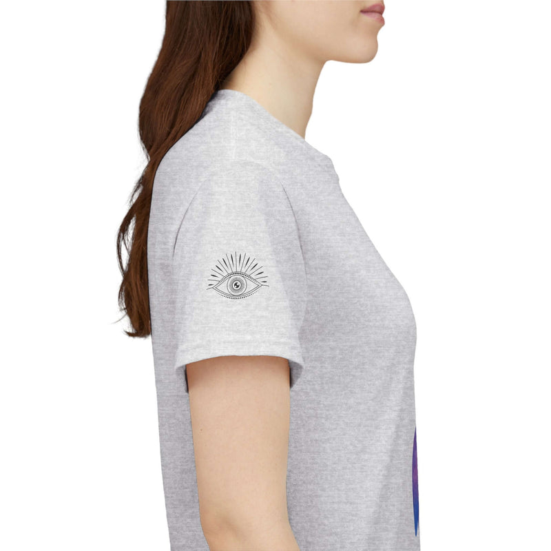 Profile view of a woman in a gray unisex t-shirt featuring an owl and the phrase 'My Intuition Never Lies'.