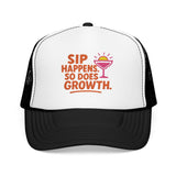 Sip Happens Foam Trucker Hat with vibrant embroidery, perfect for summer fun and casual attire.