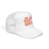 Sip Happens foam trucker hat with embroidered design for summer fun and comfort.