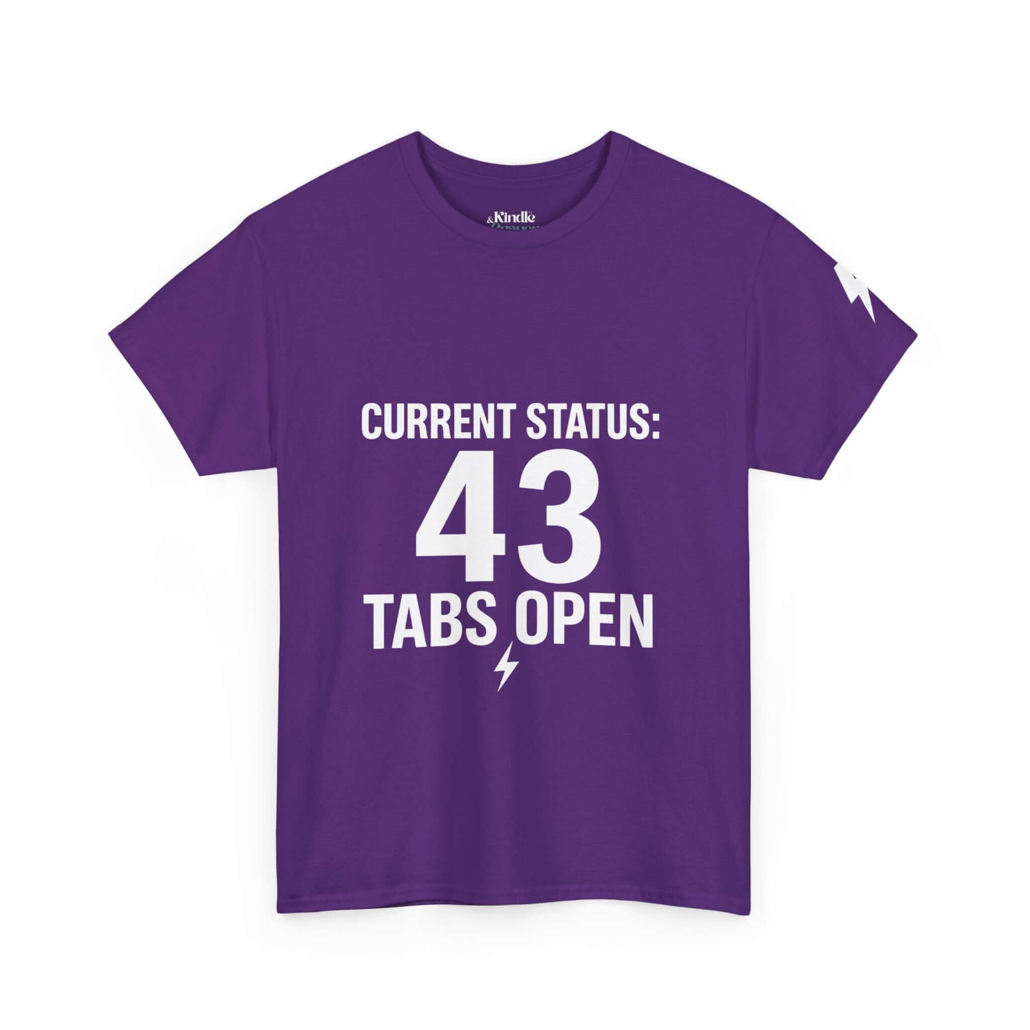 Purple unisex t-shirt with text 'CURRENT STATUS: 43 TABS OPEN' in white font, perfect for casual wear.