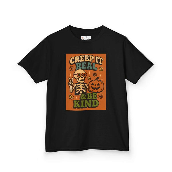 Black kids Halloween tee featuring 'Creep It Real & Be Kind' design with skeleton and pumpkin graphics.