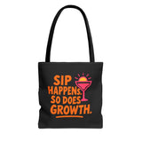 Sip Happens Growth Tote Bag with colorful design, perfect for beach, grocery, eco-friendly use.