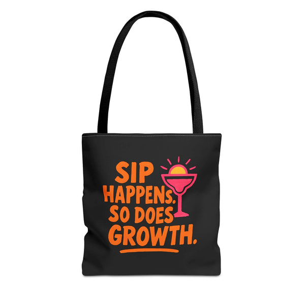 Sip Happens Growth Tote Bag with colorful design, perfect for beach, grocery, eco-friendly use.